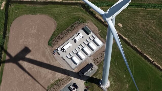 Aerial view of battery storage at a wind park