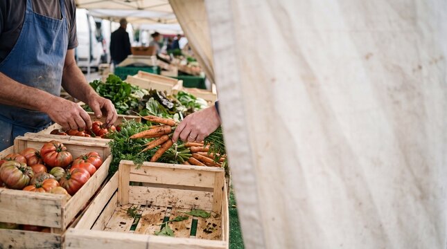 A market gardener arranging imperfect tomatoes, leafy greens and carrots in plain wooden crates, one customer selecting a vegetable with a clearly visible hand