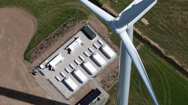 Aerial view of battery storage at wind energy park