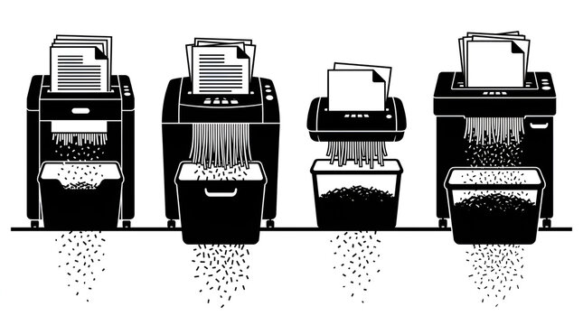 Solid Black Silhouettes of Office Document Shredders Destroying Confidential Files on White Background