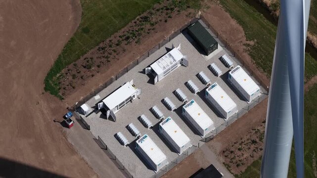 Aerial view of battery storage at wind energy park