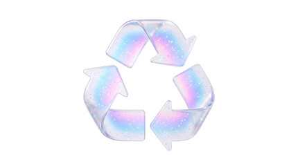 Obraz premium Holographic recycling symbol with iridescent glass texture. 3D recycle icon on white background. Sustainable eco-friendly sign.