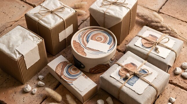 Eco-friendly cardboard package boxes tied with twine string and decorative labels arranged on a rustic terracotta stone surface in soft warm natural lighting
