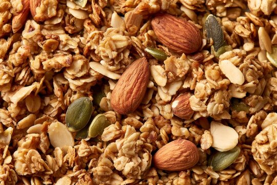 Granola mix with nuts and seeds placed on a surface