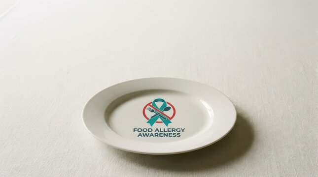 White plate with crossed utensils and no allergy sign for food allergy awareness poster and campaign design background promoting safe eating practices