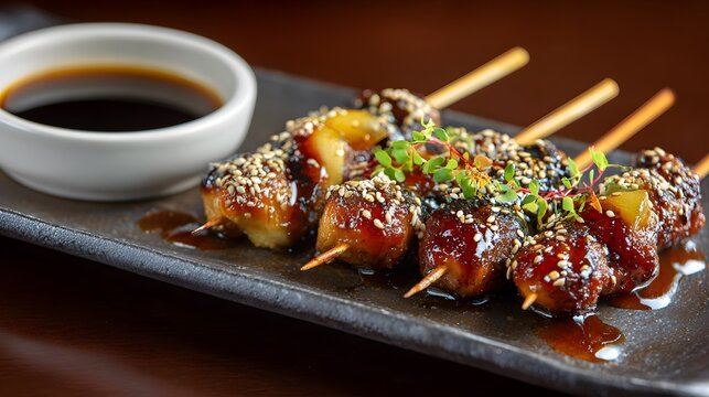 Delicious glazed yakitori skewers served with soy sauce in a Japanese restaurant