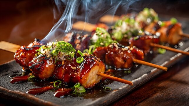 Delicious glazed yakitori skewers served hot with fresh green onions