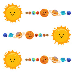 Fototapeta premium Cute cartoon solar system illustration with smiling sun and planets on white background