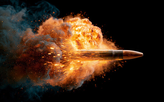 Bullet flies fast through fire blast and smoke. Fiery sparks fly from projectile in motion. Intense orange explosion erupts behind bullet with dramatic effect.