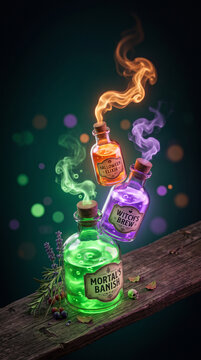 Floating magic potion bottles with colorful glowing smoke on a rustic wooden surface