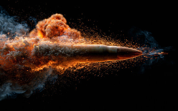 Bullet flies fast through fire blast and smoke. Fiery sparks fly from projectile in motion. Intense orange explosion erupts behind bullet with dramatic effect.