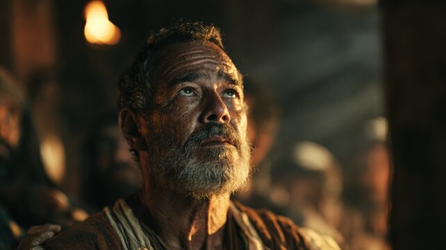 Older Disciple Filled with the Holy Spirit at Pentecost, Cinematic Biblical Portrait with Flame, Sermon Series Background