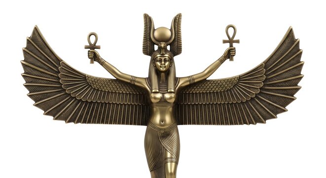 Ancient Egyptian Goddess Isis statue with outstretched wings holding ankhs against a white background
