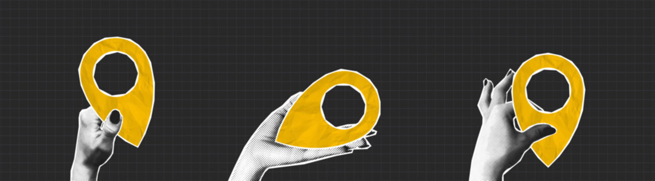 Collage halftone hands holding location pin made from crumpled paper texture. People give yellow map location pointers in hand. Collage design with halftone elements. Vector.