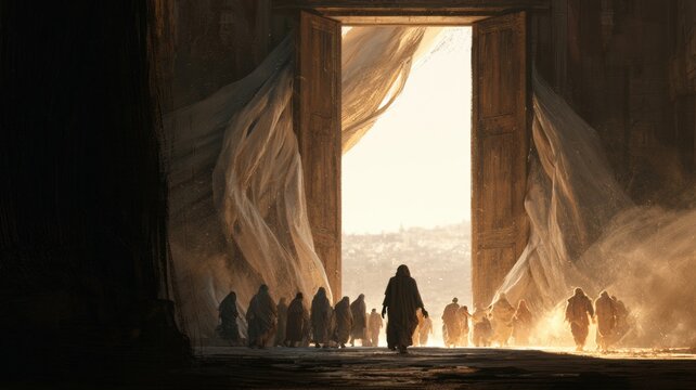Holy Spirit Mission After Pentecost, Disciples Stepping Into Brilliant Light, Cinematic Upper Room Illustration