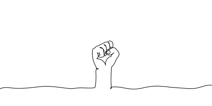 Fist continuous line hand fight single strength raised strong doodle. Human revolution fist line continuous bump person front drawing success resistance simple force gesture arm body protest man.