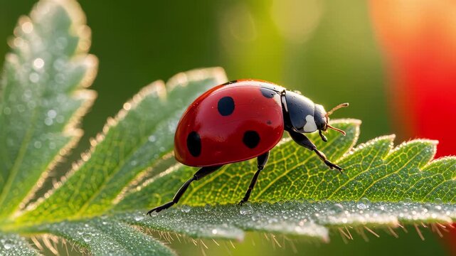 Macro shot of a red ladybug crawling on a green leaf. Tiny insect exploring a serrated plant surface covered in morning dew droplets