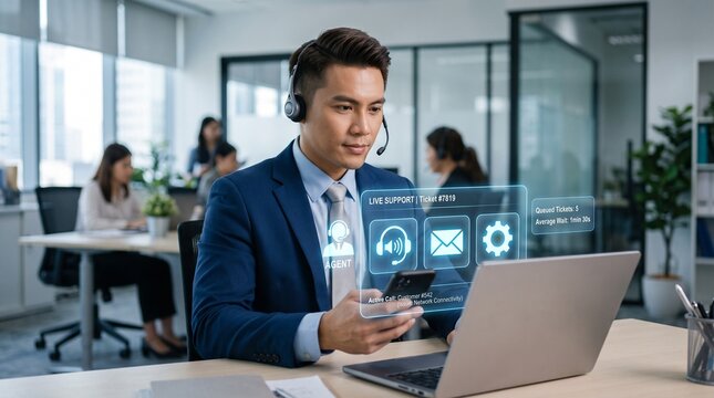 Customer service representative using digital technology and headset to provide live help and global communication in a modern workspace