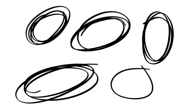Hand Drawn Circles and Ovals: A collection of five irregular, hand-drawn circles and ovals in black ink, conveying a sense of abstract creativity and design.