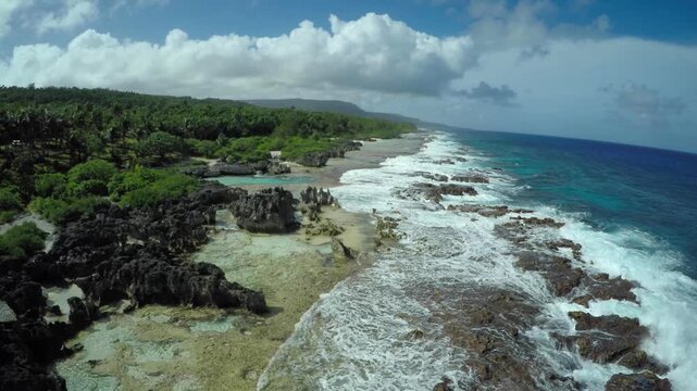 Aerial drone footage, island coast, Rota, Mariana Islands