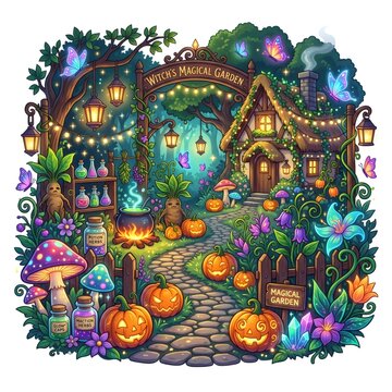 Witch's magical garden with glowing halloween pumpkins