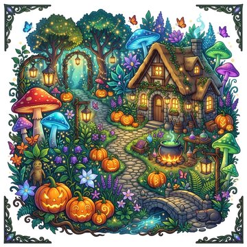 Enchanted witch garden with glowing pumpkins and mushroom house