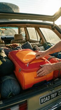 Hands packing orange suitcase in car trunk for summer road trip background and travel banner design
