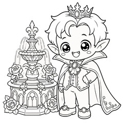 Cute chibi vampire prince wearing a crown and cape standing next to a decorative rose fountain coloring page © Manik