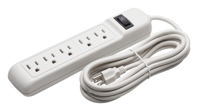 White power strip with surge protector switch, electrical extension cord with multiple outlets, home office power supply cable isolated PNG with Transparent Background