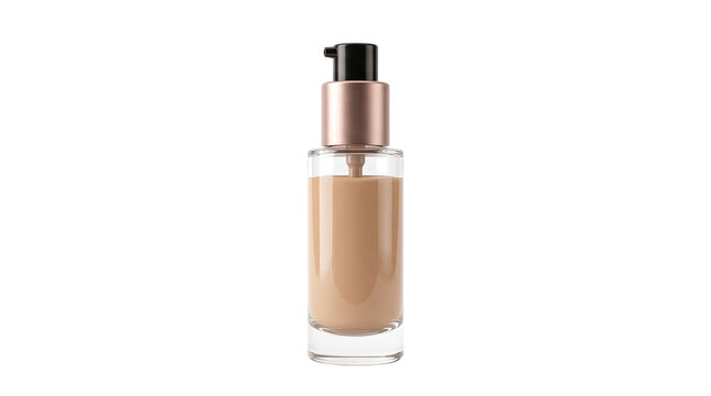 Liquid foundation in glass pump bottle, luxury makeup product for skin coverage, professional cosmetic container with rose gold cap isolated PNG with Transparent Background