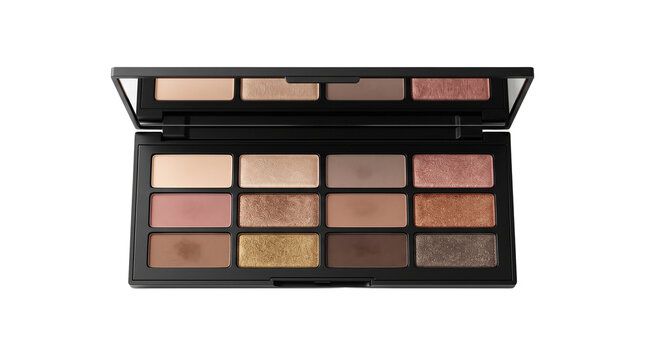 Professional eyeshadow palette with 12 neutral shades, luxury makeup kit with shimmer and matte powders, cosmetic beauty product isolated PNG with Transparent Background