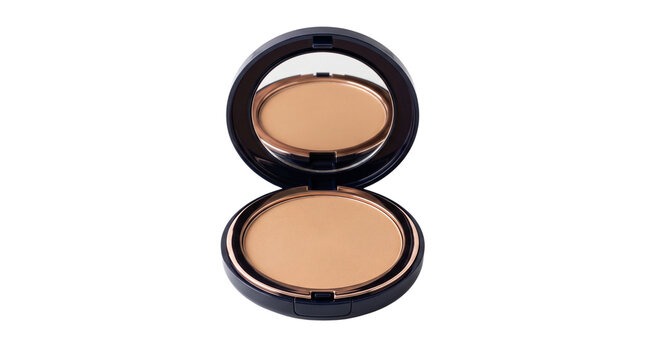 Professional face powder compact with mirror, beige pressed foundation makeup in black case, cosmetic beauty product for skin tone isolated PNG with Transparent Background