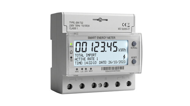 Smart energy meter with digital LCD display, electronic electricity consumption monitor, modern power utility gauge isolated PNG with Transparent Background