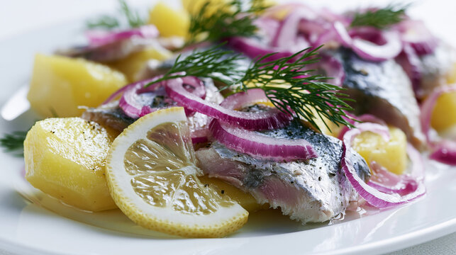 Pickled herring with boiled potatoes, red onion rings, lemon slice and fresh dill garnish