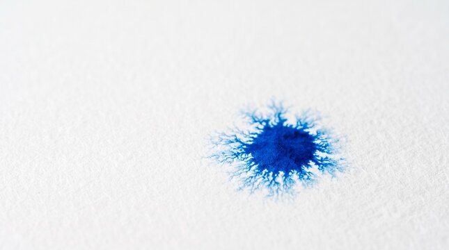 Macro photography of a single vibrant blue ink drop spreading organically across a highly textured white paper surface, creating intricate branching patterns resembling tiny roots or capillaries.