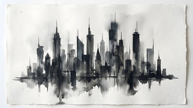 Watercolor painting of a modern city skyline silhouette with ink wash technique on textured paper