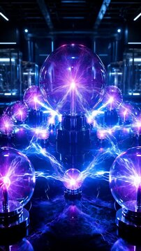 Glowing plasma spheres and electric energy arcs illuminate dark laboratory setup with symmetrical glass objects, vibrant purple and blue light patterns, and dynamic reflections across surfaces