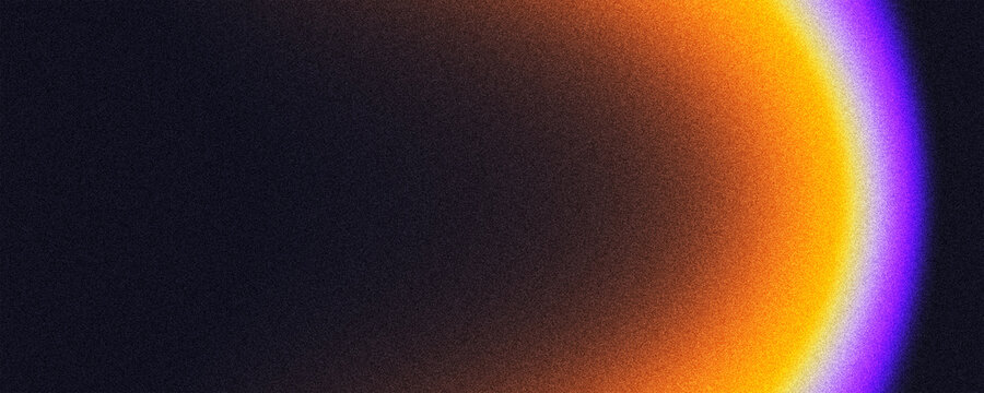 Dark blur orange purple grainy background blurred glowing sunset arc halo on dark backdrop, noise texture header, poster, wallpaper design