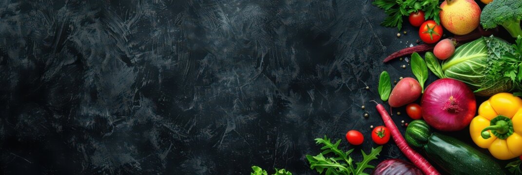 Dark slate background with colorful vegetable corner for world vegetarian day poster and banner design. Horizontal banner. Copy space