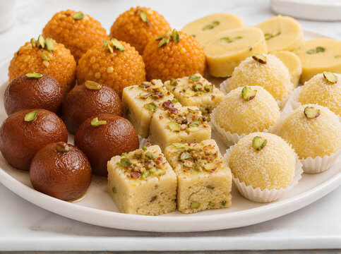 Assorted Indian Sweets with Gulab Jamun, Ladoo and Barfi