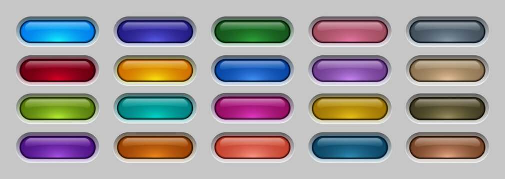 Set of glossy rounded UI buttons with realistic 3D bevel and reflection effects for web and mobile app design, Editable AI file