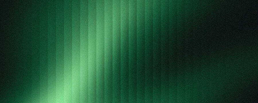 Dark green grainy background blurred glowing light streak on reeded glass stripes, refracted glass noise texture header, poster, wallpaper design