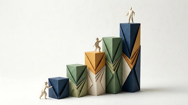 Origami Paper Figures Climbing Growing Bar Chart Blocks, Business Growth and Success Concept