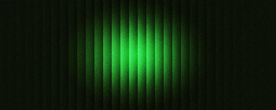 Dark green grainy background blurred glowing reeded glass vertical light beam on dark backdrop, refracted glass noise texture header, poster, wallpaper design