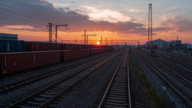Container Train Freight in Rail Yard at Sunset, Industrial Transport