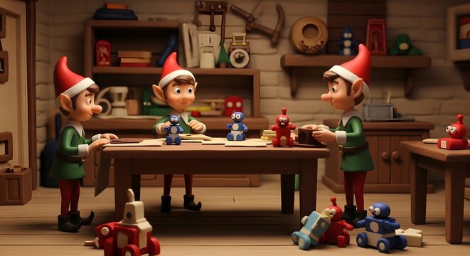 Three elves in a workshop building toys with warm lighting and a shallow depth of field