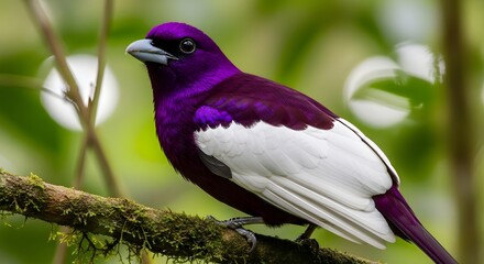 Obraz premium Vibrant purple and white bird perched on a mossy branch during soft daylight with blurred foliage background