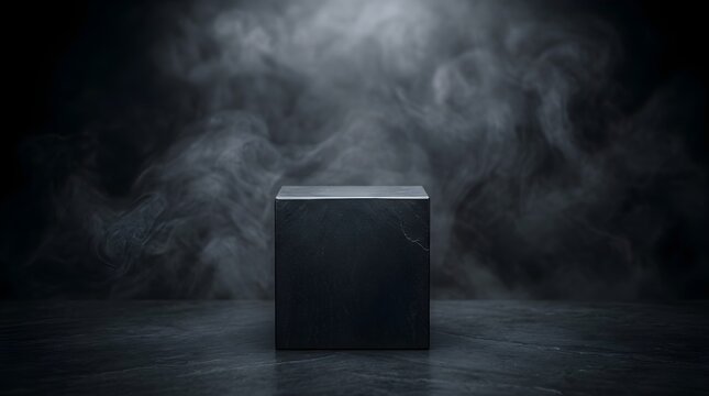Minimalist black cube pedestal standing on a dark textured surface surrounded by swirling smoke against a moody black background