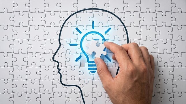 A hand placing a final puzzle piece to complete a light bulb icon inside a human head silhouette shape