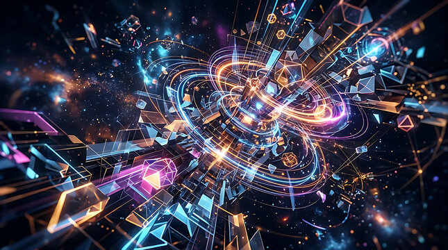 Abstract futuristic digital artwork with glowing neon geometric shapes, particles, and light trails in a dark space background. Colorful 3D polygons, cubes, and polyhedrons in blue, orange, purple, an